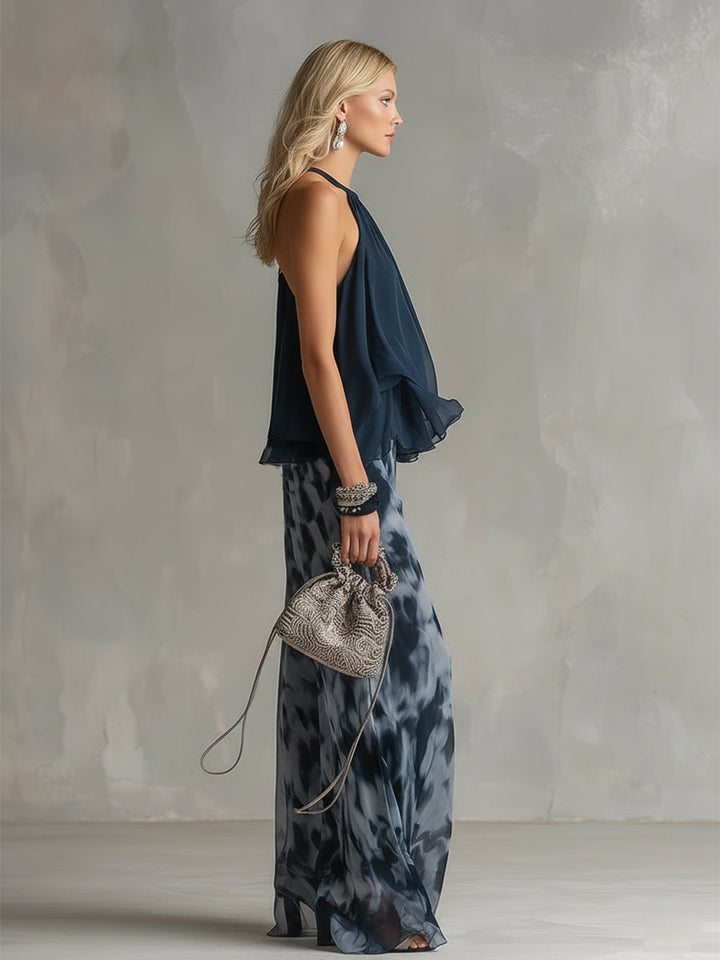 Ludovica – elegancka sukienka z szyfonu z bluzką z wysokim kołnierzem i szerokimi spodniami w wzory