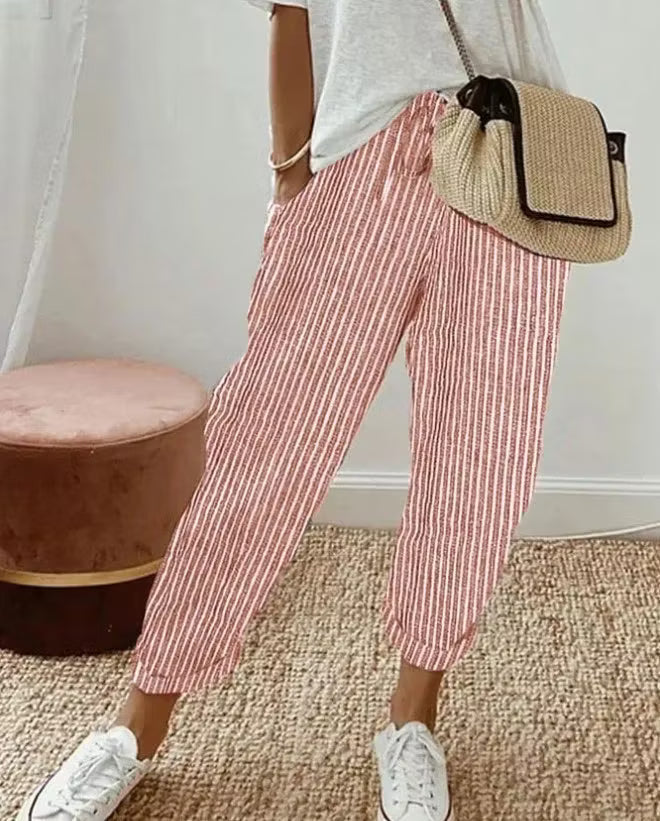 Letnie, pasiaste spodnie w stylu casual z luźnym, sztywnym paskiem