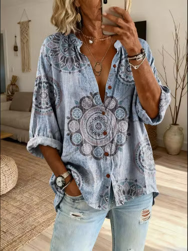 Koszula z wzorem mandali, z długimi rękawami; top z opadającymi rękawami