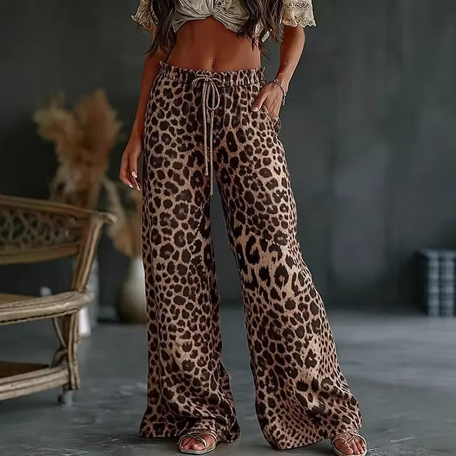 Nowe luźne spodnie w stylu casual z szerokimi nogawkami w panterkę
