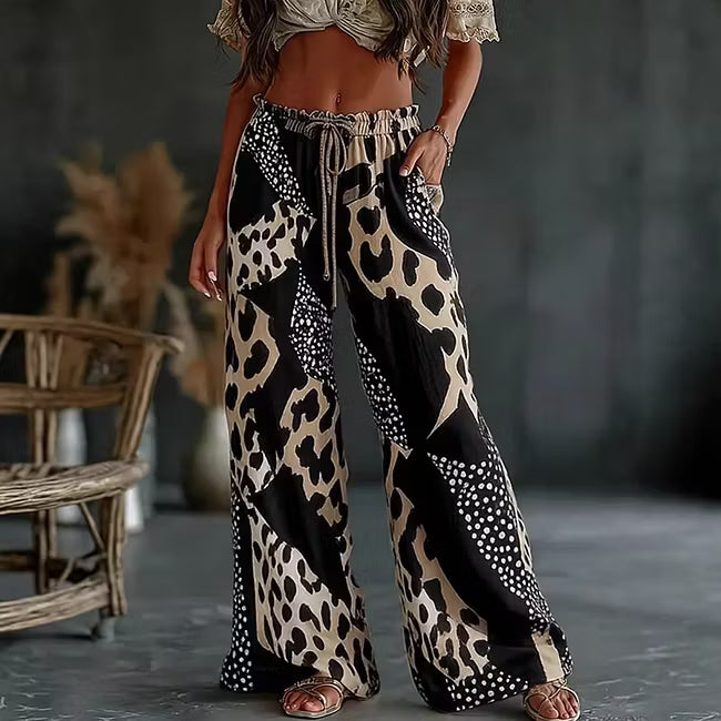 Nowe luźne spodnie w stylu casual z szerokimi nogawkami w panterkę