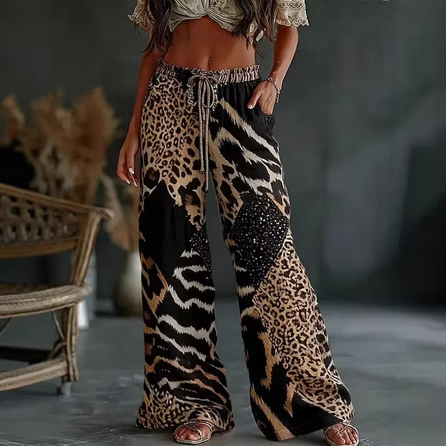 Nowe luźne spodnie w stylu casual z szerokimi nogawkami w panterkę
