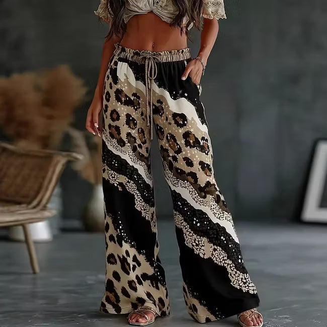Nowe luźne spodnie w stylu casual z szerokimi nogawkami w panterkę