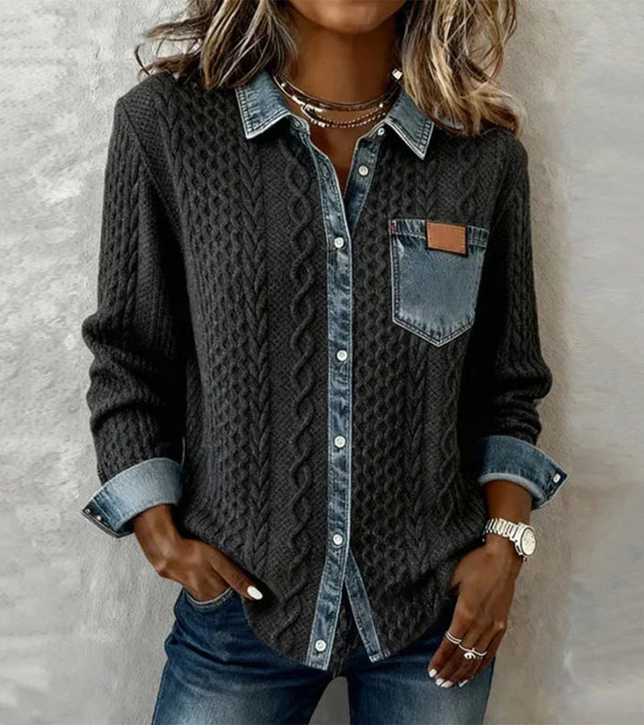 Eliza | Patchworkowa bluzka z dzianiny z detalami z dżinsu
