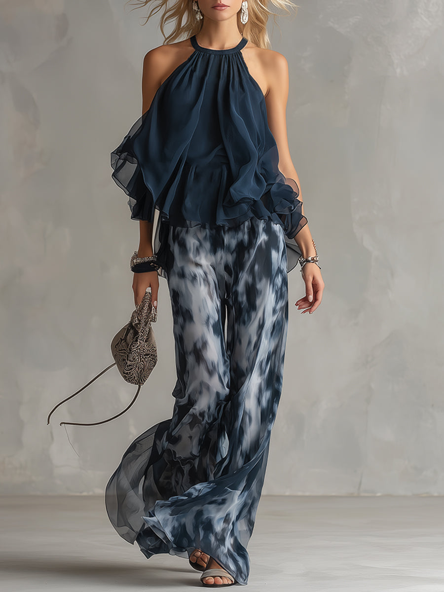 Ludovica – elegancka sukienka z szyfonu z bluzką z wysokim kołnierzem i szerokimi spodniami w wzory