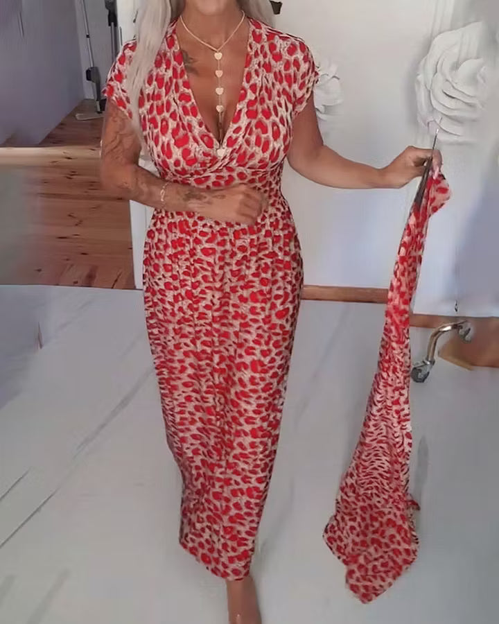Elegancka sukienka z dekoltem w kształcie litery V w panterkę
